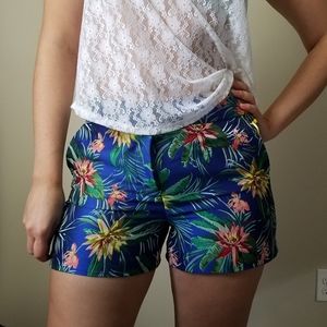 Blue Embroidered Floral Shorts